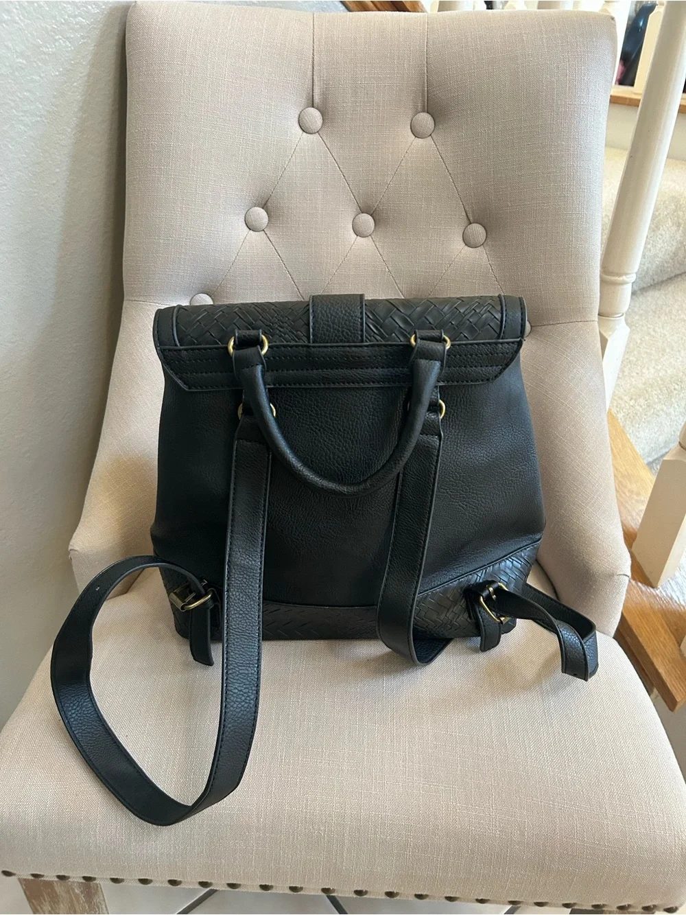 Darcy Marks Black Texture Leather Backpack with Gold Buckle